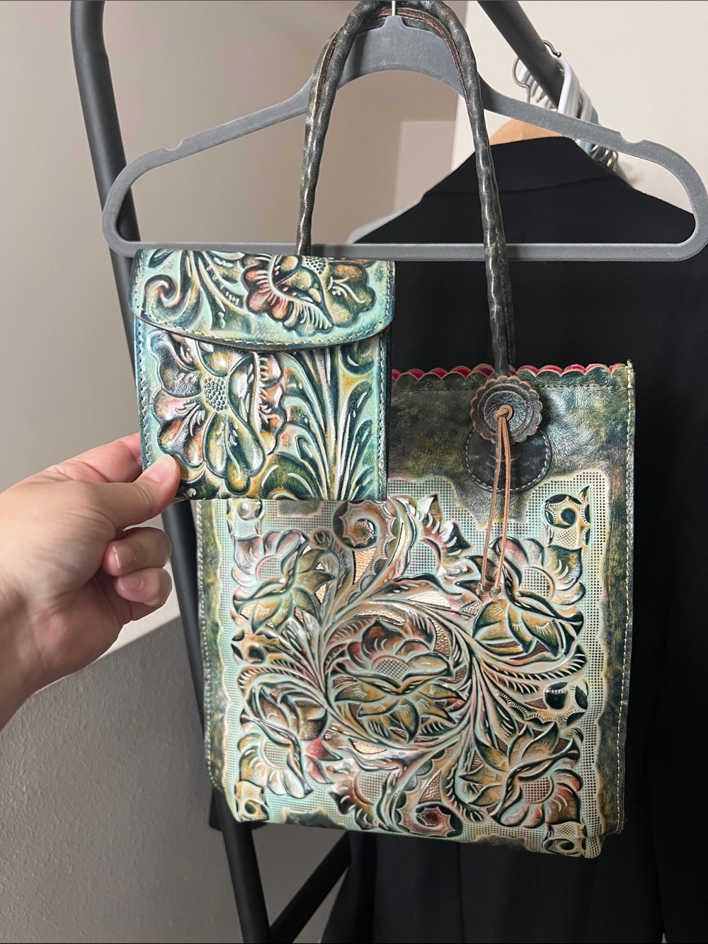Patricia Nash Tooled Floral Leather Tote in Green-Tan with matching wallet